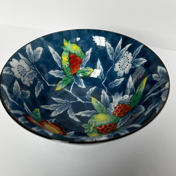 Blue Porcelain Rice Bowl with Red Strawberry and Floral Pattern Japanese - Picture 4 of 10